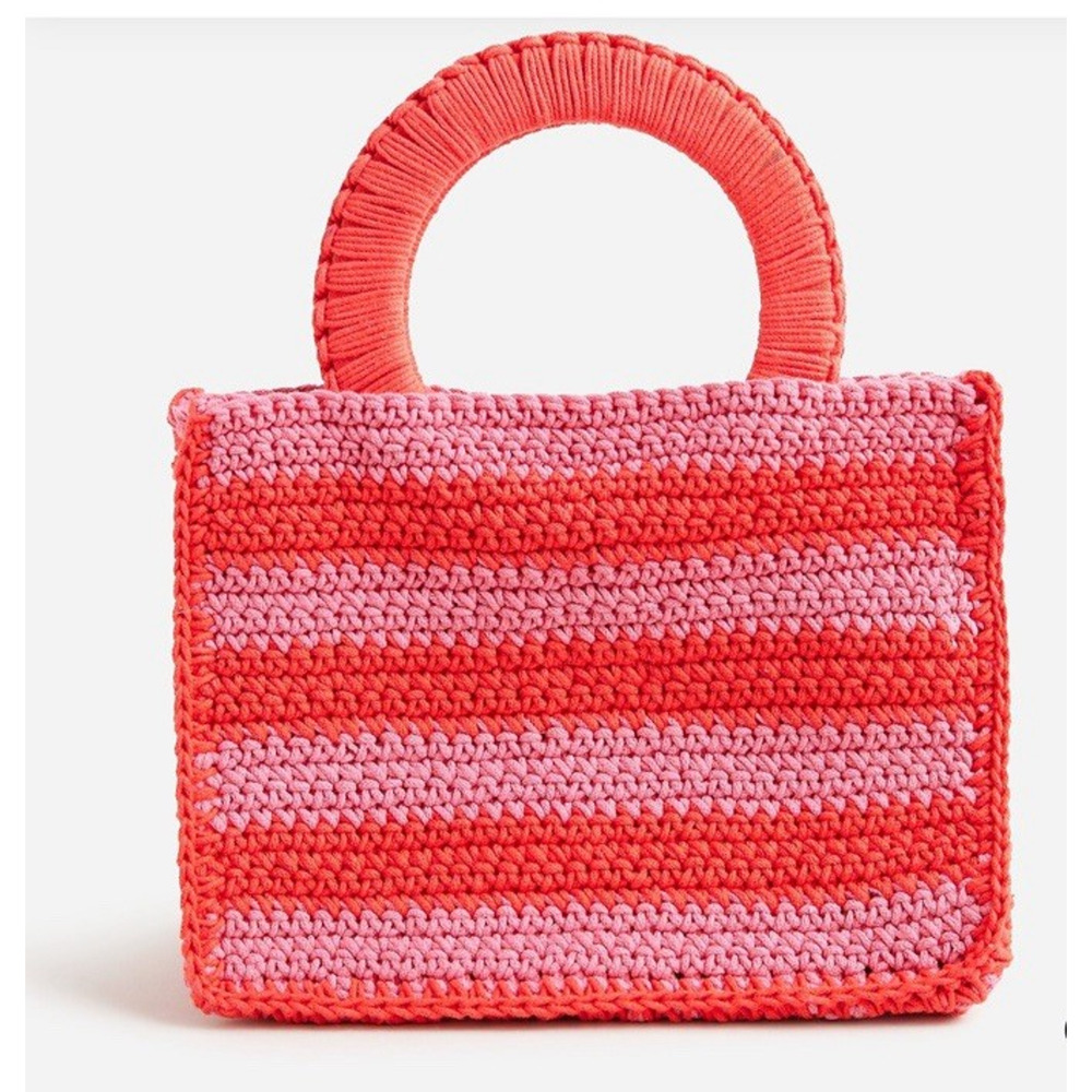 J Crew Pocketbook Womens Handmade Crocheted Cotton Rectangular Pink Stripe Purse